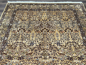 Pretty Indo Persian Rug 6x9, Allover Floral Motif with Birds, Tan/Cream, Very Fine Oriental Carpet, Hand Knotted Vintage Indian Wool Rug