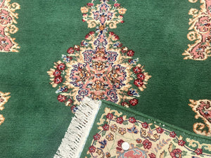 Green Persian Kerman Rug 4x6, Semi Open Field, Green & Cream, Vintage