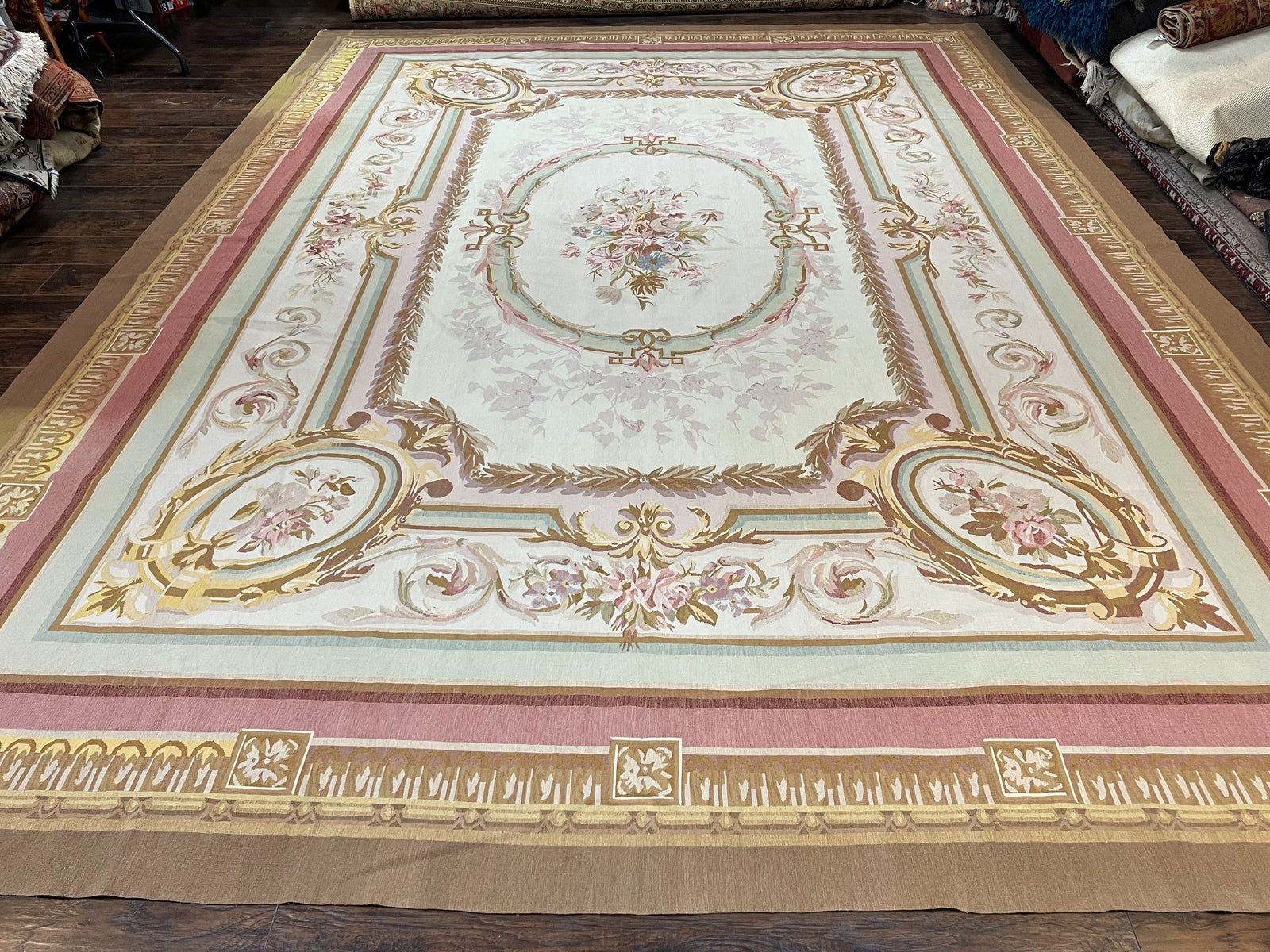 Large Aubusson Rug 11x15, Oversized Gallery Palace Size Flatweave Savonnerie Carpet 11 x 15 ft, Wool Handmade Vintage Elegant European