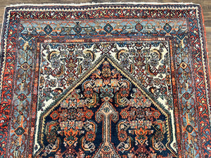 Antique Persian Runner Rug 3.7 x 15.8, Navy Blue Multicolor, Hand Knotted Handmade Wool Rug for Hallway, Geometric Medallions, Persian Hamadan Rug