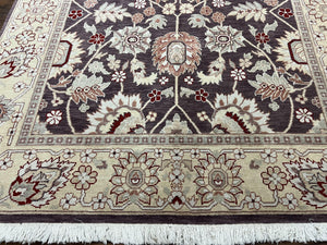 Vintage Indo Mahal Area Rug 6x9, Indian Persian Oriental Carpet 6 x 9, Puce Eggplant Tan Beige Rug, Hand-Knotted, Large Floral Design Wool