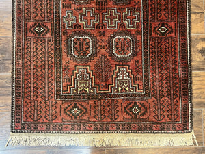 Antique Persian Turkoman Rug 3x6, Wool Tribal Handmade Carpet, Red and Black
