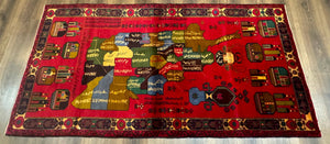 Red Afghan Balouch Rug 3x7, Tribal, Map of Afghanistan Depiction, Handmade, New