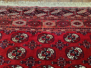 Persian Turkoman Rug 8 x 12.5, Bokhara Turkoman Carpet, Fine Oriental Rug, Vintage Wool Handmade Area Rug, Red Black Cream, Room Sized