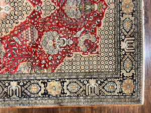 Wonderful Persian Silk Rug 5x7, Birds Floral Vases, Red, Hand Knotted Silk Fine Oriental Carpet, Handmade Vintage, Persian Qum Rug, 400 KPSI