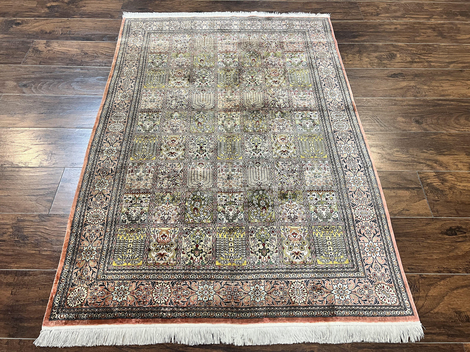 Magnificent Persian Silk Rug 3.7 x 5, Persian Qum Rug, Panel Design, Kheshti Garden, Extremely Fine 650 KPSI - 70 Raj, Hand Knotted, Vintage, Multicolor