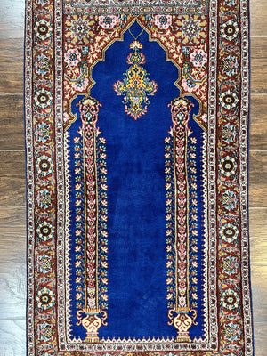 Indo Persian Prayer Rug 3x5, Fine Oriental Carpet, Dark Blue and Red, Vintage Hand Knotted Handmade Prayer Rug