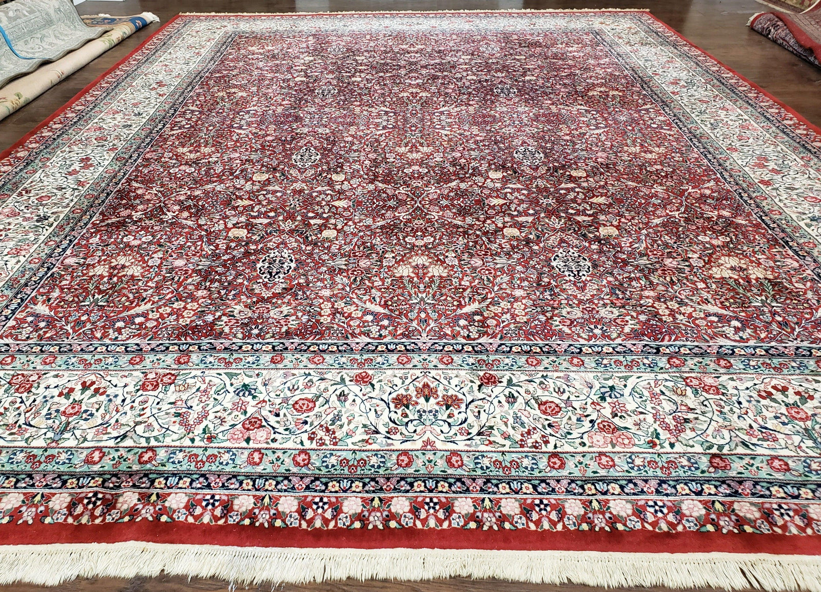 Oversized Pak Persian Rug 11x15, Large Wool Palace Carpet, Red and Ivory, Millefleur Allover Floral Pattern, Vintage Handmade Oriental Rug