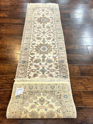 Indo Persian Runner Rug 2.5 x 9.5, Handmade Vintage Wool Rug for Hallway, Floral, Ivory