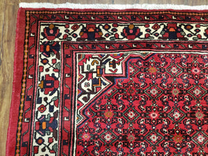 Vintage Persian Hamedan Rug 7x10, Angelas Mahi Pattern, Red, Wool, Hand-Knotted