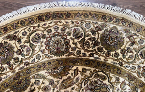 Round Indo Persian Rug 8x8 ft, Large Hand Knotted Vintage Wool Circular Carpet, 8ft Round Oriental Rug, Floral Medallion, Cream and Green