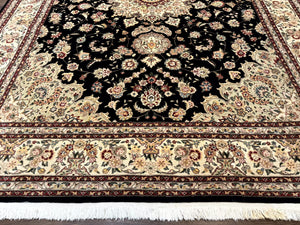 Sino Persian Rug 9x12, Black and Beige, Floral Medallion, Wool & Silk, Handmade