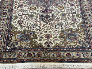 Turkish Sivas Rug 7x9, Vintage Wool Hand-Knotted Carpet, Ivory Cream Purple Tan, Floral Medallion Rug, Fine Oriental Carpet, Medium Size Rug