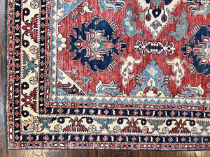 Turkish Heriz Rug 7x10, Wool Hand Knotted Handmade Room Sized Oriental Carpet, Red & Ivory, Vintage Geometric Oriental Rug 7 x 10 ft