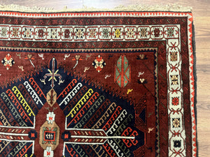 Antique Persian Tribal Rug 5 x 7.8, Triple Medallions, Red, Persian Afshar Rug