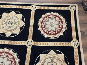 Large Needlepoint Rug 10x13, Panel Design, Black and Beige, Wool Needlepoint Carpet 10 x 13, English Garden, Handwoven Area Rug, Living Room