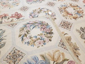 Needlepoint Rug 10x13 Vintage Carpet, Floral Panel Design, Beige, Multicolor Flowers, Handmade Hand Woven, Flatweave, No Pile, Wool