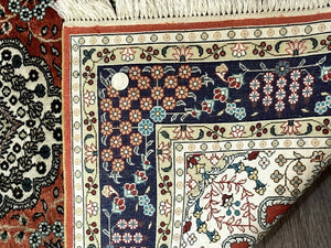Turkish Silk Runner Rug 3x8, Short Runner Rug, Red, Floral Medallions, Very Fine 360 KPSI, 3 x 8 Runner
