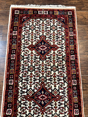 Indo Persian Bidjar Runner Rug 2.8 x 10, Vintage Rug for Hallway, 10ft Runner, Wool Handmade Ivory and Red, Medallions