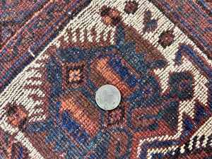 Persian Afshar Rug 4x5, Repeated Motif, Ivory & Burgundy, Wool Tribal Oriental Carpet, Handmade Vintage Semi Antique Medium Sized Rug