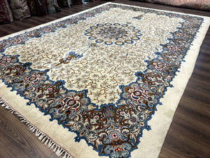 Persian Kashan Rug 9 x 12.6, Ivory and Blue, Floral Medallion, Wool Hand Knotted Semi Antique Carpet