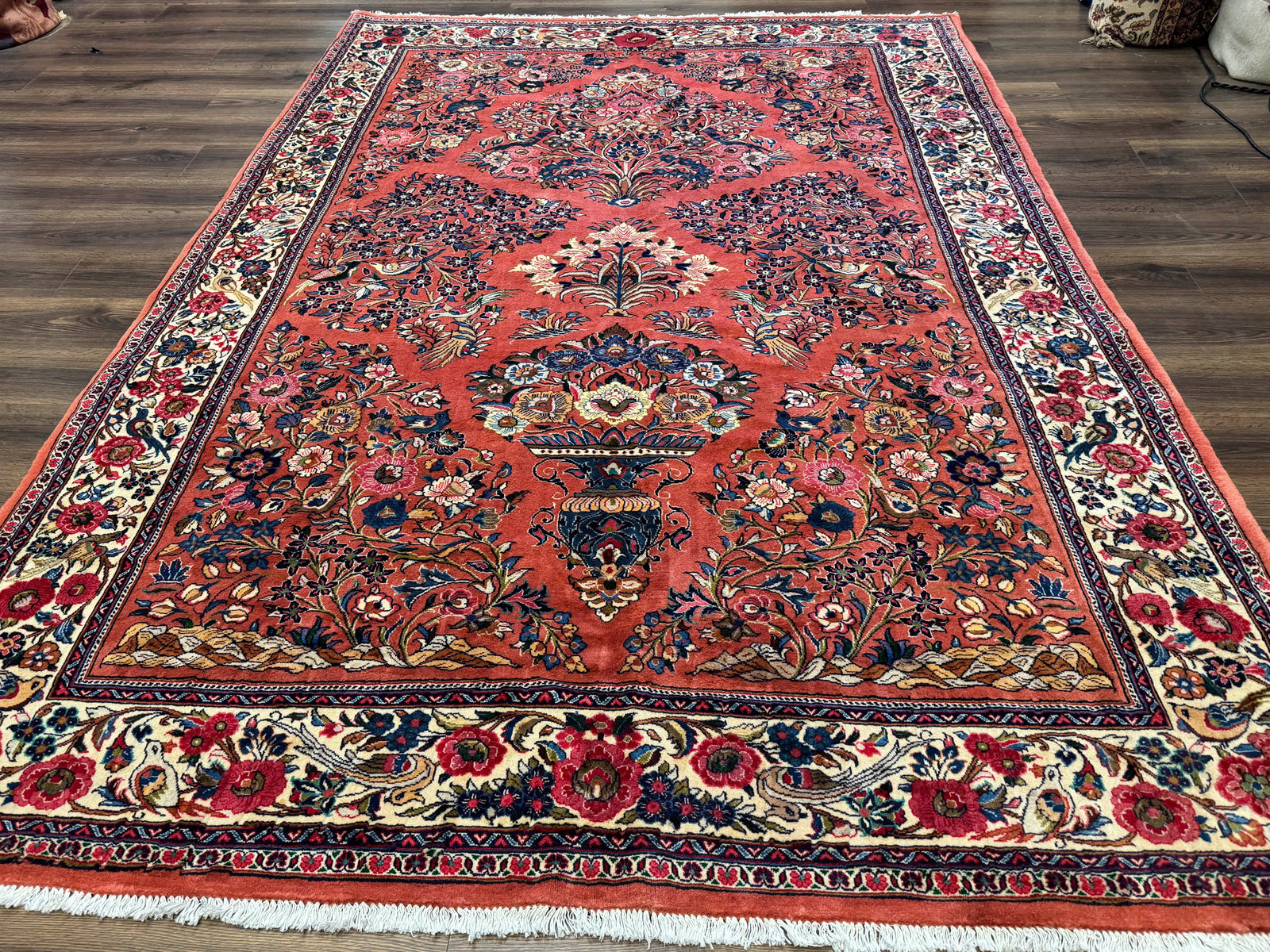 Persian Sarouk Rug 7x10, Red and Ivory, Floral Bouquets, Birds