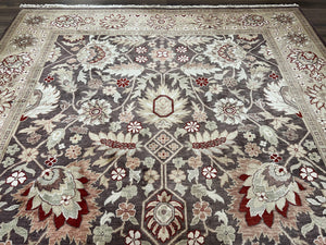 Vintage Indian Rug 9x12, Sultanabad Area Rug 9 x 12, Wool Hand Knotted Living Room Oriental Carpet, Eggplant and Khaki Color, Teawashed Rug
