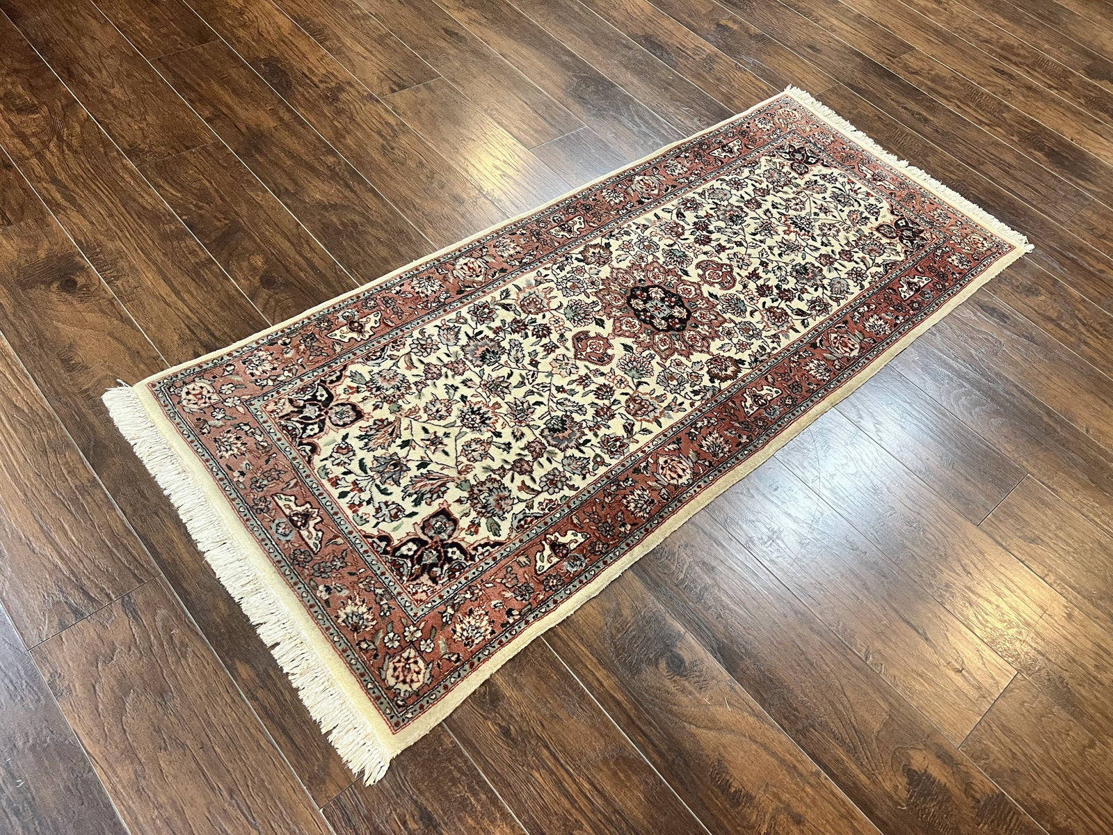 Sino Persian Rug 3x6, Short Runner Rug, Floral Medallion, Beige and Salmon Red, Wool Vintage Hand Knotted Fine Oriental Carpet 3 x 6 ft