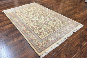 Indo Persian Rug 4x6, Vintage Handmade Wool Carpet, Floral Allover Pattern, Beige, Pair A