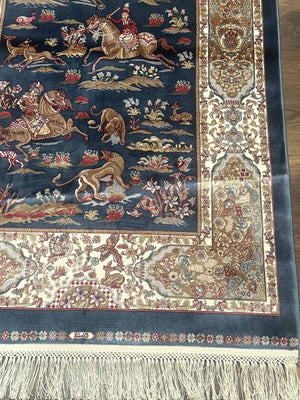Turkish Silk Hunting Scene Rug 2.6 x 5, Dark Steel Blue & Ivory, Bamboo Silk, New