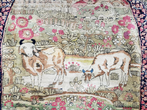 Antique Persian Kerman Lavar Rug 4.4 x 7.5, Highly Collectible Rare, 1880s Rug, Millefleurs, Cows, Wool Hand Knotted, Pictorial