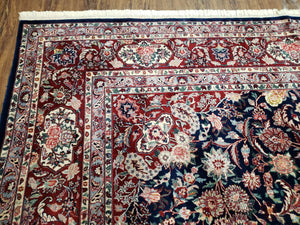 Vintage Dark Blue Persian Room Sized Rug 8x10, Wool & Silk Highlights Hand-Knotted Midnight Blue Red Floral Carpet, 8 x 10 Living Room Rug