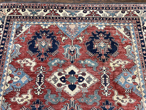Turkish Heriz Rug 7x10, Wool Hand Knotted Handmade Room Sized Oriental Carpet, Red & Ivory, Vintage Geometric Oriental Rug 7 x 10 ft