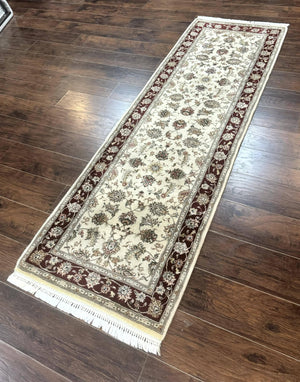 Pak Persian Runner Rug 2.8 x 8, Handmade Vintage Carpet, Beige and Maroon, Wool and Silk Highlights