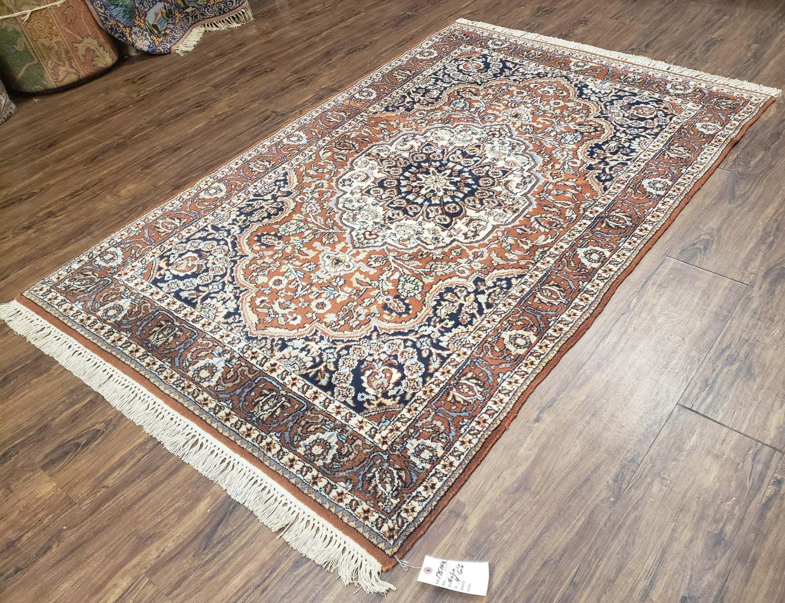 Antique Indian Kashmiri Area Rug 4x6, Wool Hand-Knotted Red & Ivory Floral Medallion Persian Carpet, Vintage Oriental Entryway Rug 4 x 6