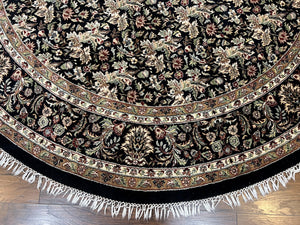 Round Oriental Rug 8x8 ft, William Morris Floral Pattern Carpet, 8 x 8 ft Round Rug, Black Cream and Tan 8ft Round Handmade Indo Persian Rug