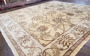 Oversized Peshawar Chobi Oushak Area Rug 11.6 x 12.5, Wool Hand-Knotted Light Gold & Ivory Decorative Pakistani Floral Carpet, 11x12 - 12x13