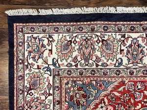 Indo Persian Rug 10x15, Floral Allover, Handmade Vintage Wool Carpet, Dark Blue Ivory Red, Palace Size Traditional Rug