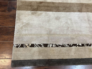 Modern Tibetan Nepali Rug 8x12, Stripe Pattern, Wool with Silk Highlights, Handmade, Beige Tan Brown