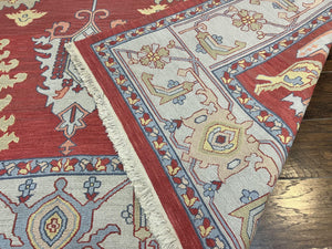 Indo Heriz Flatweave Rug 10x14, Indian Large Room Sized Carpet 10 x 14 ft, Red Green Floral Allover, Wool Handmade Vintage Oriental Rug
