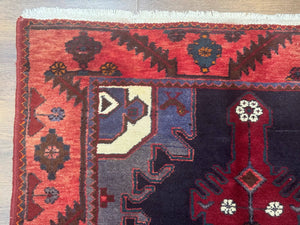Persian Karajeh Runner Rug 3.6 x 9.5, Geometric Medallions, Tribal Village Rug, Navy Blue, Handmade