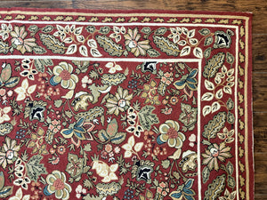 Indian Hand Stitched Rug 8x10, Large Vintage Floral Handmade Carpet, Dark Red Multicolor