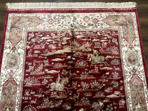 Turkish Silk Hunting Scene Rug 5 x 7.6, Red & Ivory, Bamboo Silk, New