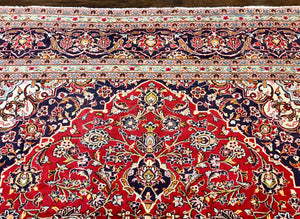 Persian Kashan Rug 10x13, Floral Medallion, Traditional Area Rug, Red Navy Blue Ivory, Handmade Semi Antique Vintage Wool Oriental Carpet 10 x 13
