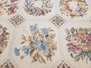 Needlepoint Rug 10x13 Vintage Carpet, Floral Panel Design, Beige, Multicolor Flowers, Handmade Hand Woven, Flatweave, No Pile, Wool