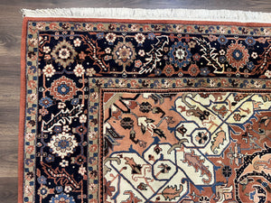Indo Persian Heriz Rug 9x12, Geometric Medallion, Vintage Oriental Carpet, Handmade Room Sized Wool Heriz Serapi Rug, Red Navy Blue Cream