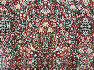 Oversized Pak Persian Rug 11x15, Large Wool Palace Carpet, Red and Ivory, Millefleur Allover Floral Pattern, Vintage Handmade Oriental Rug