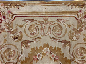 Aubusson Needlepoint Rug 4x5 ft, Beige and Tan, Aubusson Savonnerie Vintage Carpet, Handwoven Handmade Wool Rug, European Design Floral Rose