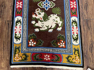 Chinese Peking Rug 3x5 with Animal Pictorial, Brown Ivory Gold Red, Handmade Vintage Chinese Carpet, Art Deco Rug, Unique Asian Oriental Rug