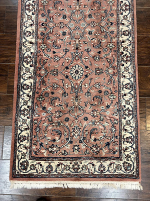 Indo Persian Runner Rug 2.6 x 10, Wool Hand Knotted Vintage Oriental Carpet, Pink & Ivory, Floral Allover, Hallway Rug